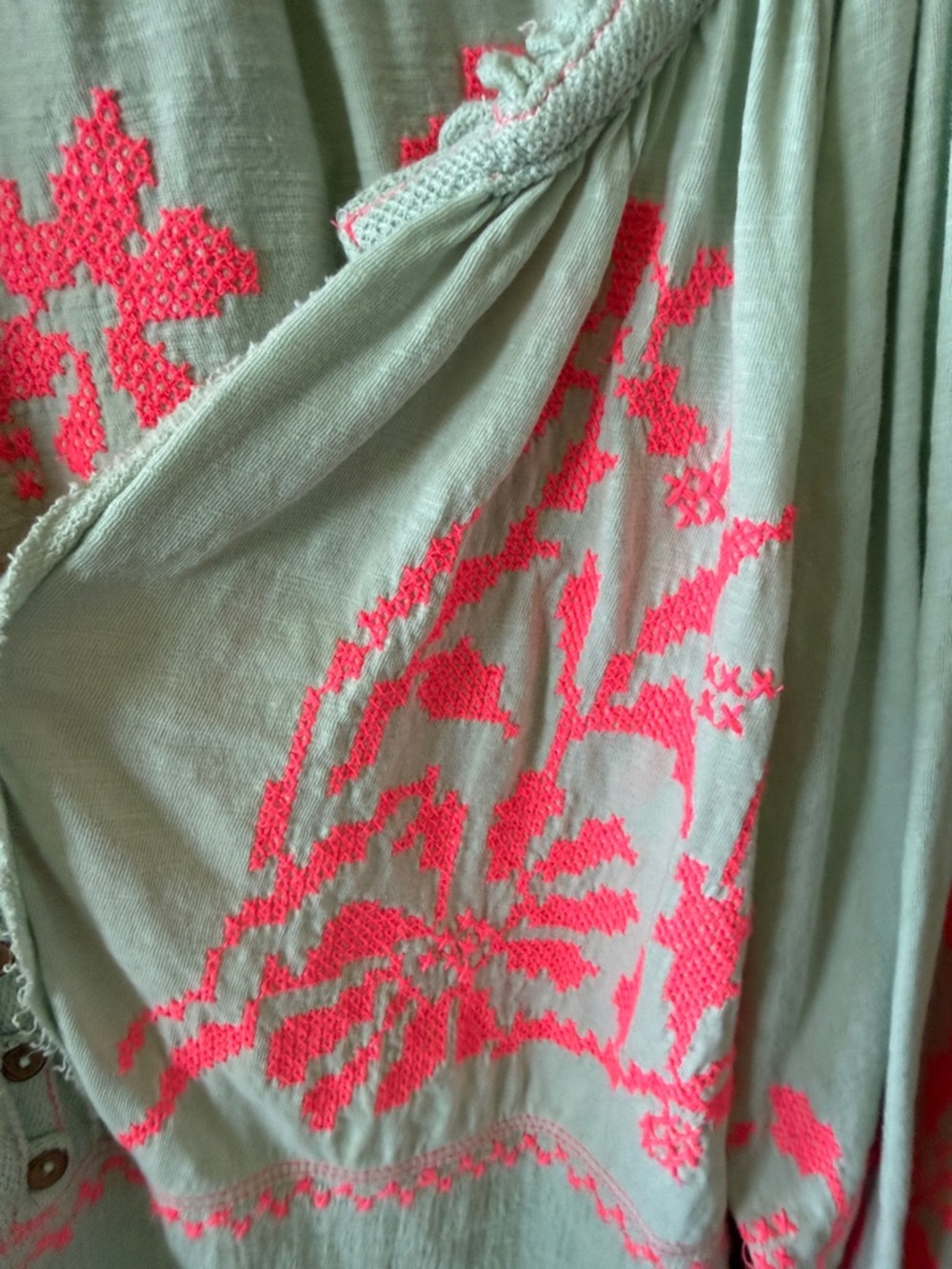 Free People Mint Green Peasant Blouse with Neon Pink Embroidery - Picture 7 of 11